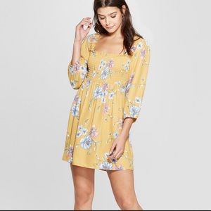 Yellow Floral boho chic tunic mini dress L